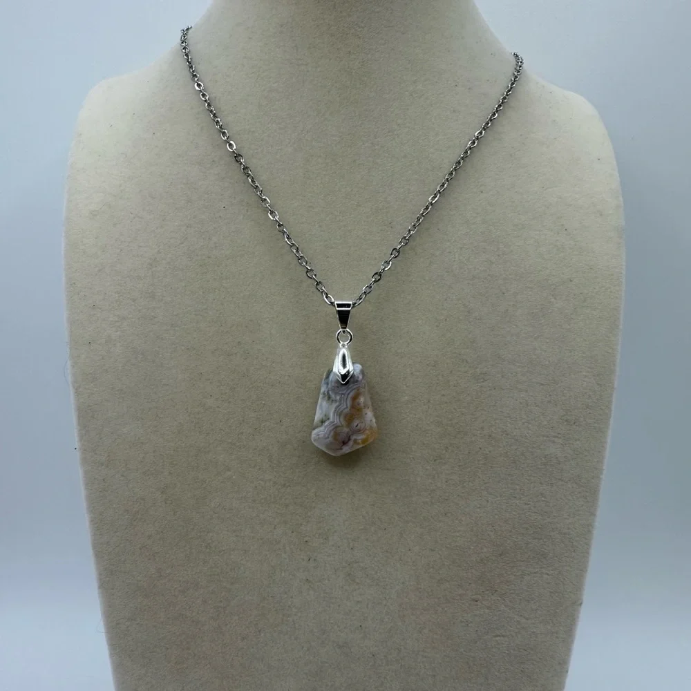 Ocean Jasper Pendant Necklace on Silver Stainless Steel Chain - Picture 5 of 6